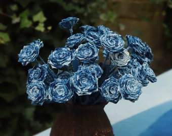Estilo japonés hecho a mano Tie Dye flores artificiales falsas / tinte vegetal orgánico / azul índigo / decoración del hogar / ideas de regalo / conjunto de 1,5,10