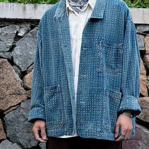 Japanese Organic Discharge Dye Cotton Hand-Stitched Sashiko Triangle Worker Jacket Blue Men's Coat Regular Fit image 3