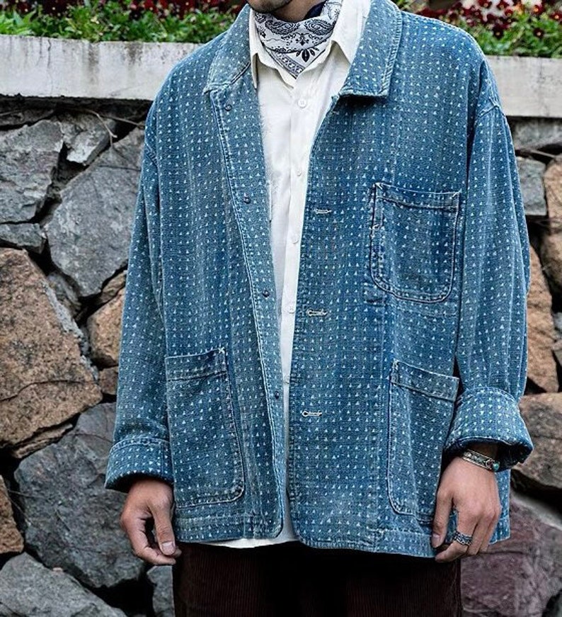 Japanese Organic Discharge Dye Cotton Hand-Stitched Sashiko Triangle Worker Jacket Blue Men's Coat Regular Fit image 3