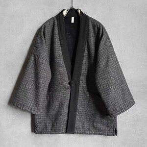 Japanese Hand-sewn Grey Checked Cotton with Extra Warm Velvet Fabric Unisex Kimono Noragi Hanten Jacket