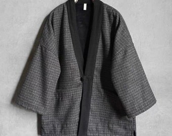 Japanese Hand-sewn Grey Checked Cotton with Extra Warm Velvet Fabric Unisex Kimono Noragi Hanten Jacket