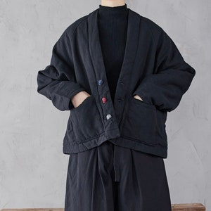 Indigo Union Japanese Black Cotton Flax Women Traditional 3 Buttons Haori Padded Kimono Noragi Jacket | Matching Pants