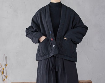 Indigo Union Japanese Black Cotton Flax Women Traditional 3 Buttons Haori Padded Kimono Noragi Jacket | Matching Pants