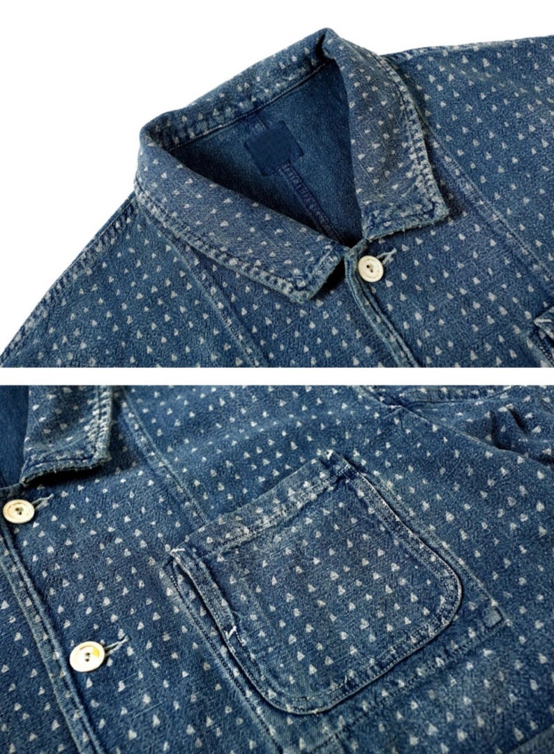 Japanese Organic Discharge Dye Cotton Hand-Stitched Sashiko Triangle Worker Jacket Blue Men's Coat Regular Fit image 5