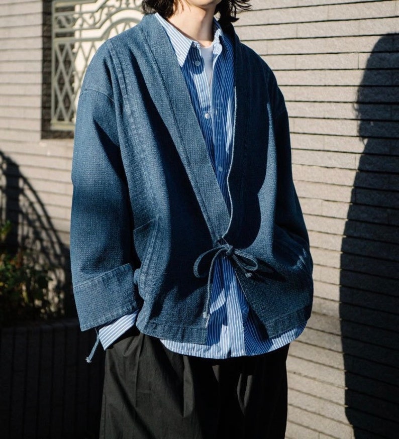 Japanese Blue Denim Haori Jacket Traditional Style Kimono & Noragi Unisex image 1