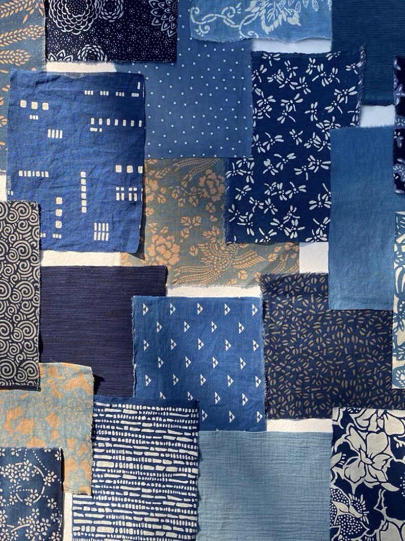 Japanese Scraps Remnants Patches Package Organic Indigo Dye Blue Set of 9-13 Cotton Linen Fabric Scraps DIY Zero Waste image 2