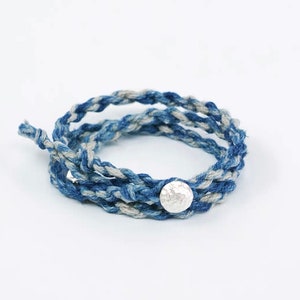 Japanese Handmade Organic Plant Dye Silver Buckle Three Loops Woven Bracelet Ramie Indigo Dye Tie Dye 50cm Unisex Thin Edition Mid Blue Tie Dye