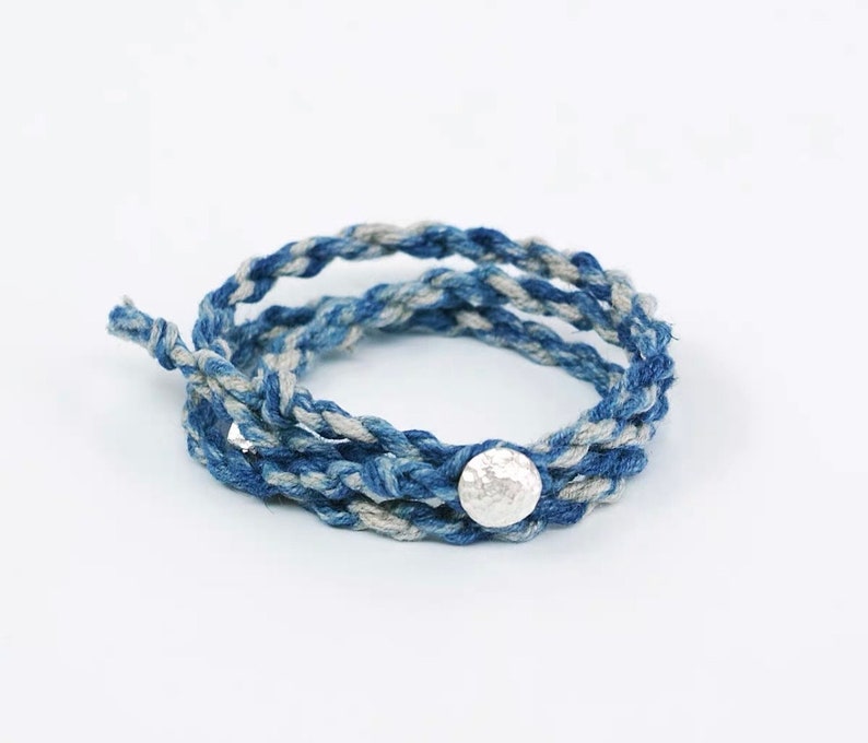 Japanese Handmade Organic Plant Dye Silver Buckle Three Loops Woven Bracelet Ramie Indigo Dye Tie Dye 50cm Unisex Thin Edition Mid Blue Tie Dye