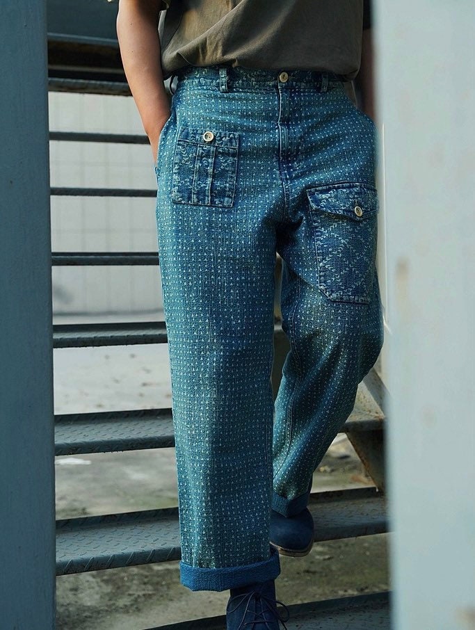 - Israel Indigo Dyed Japanese Cotton Etsy Organic Plant Worker Handmade Sashiko Trousers Unisex Pants Blue