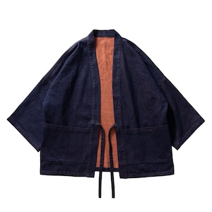 Japanese Haori Reversible Noragi | Purplish Blue & Orange Unisex Traditional Kimono Noragi 3/4 Sleeve Jacket | All Season