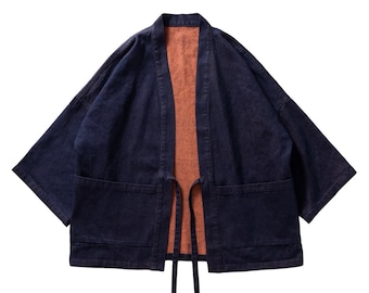 Haori Noragi réversible japonais | Veste kimono traditionnelle unisexe Noragi bleu violacé et orange à manches 3/4 | Toutes les saisons