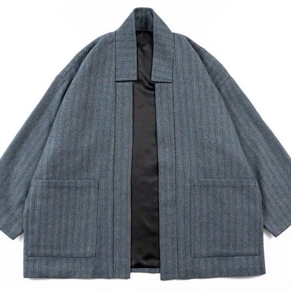 Japanese Greyish Blue Wool Blend Collared Haori Jacket | Kimono & Noragi | Retro Style | Unisex