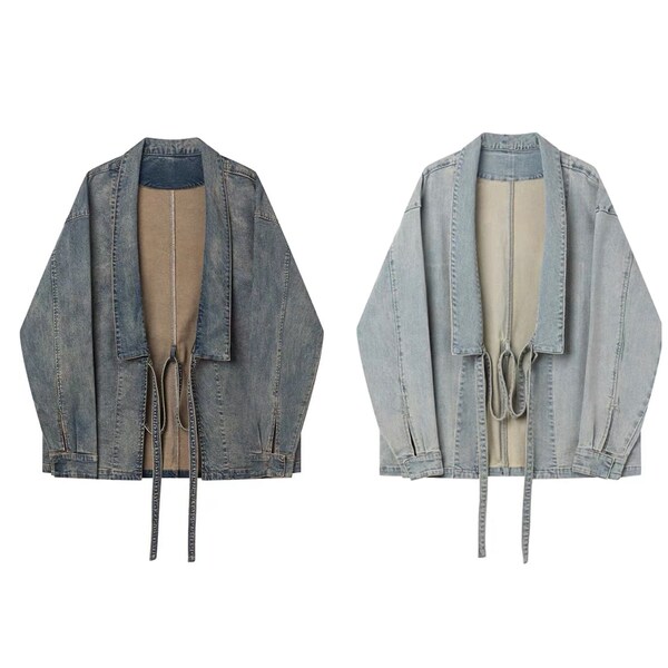 Indigo Union Japanische Blau Denim gewaschen Unisex Kimono Noragi Jacke, 2 Farben - Hellblau & Naturblau | Auf Bestellung