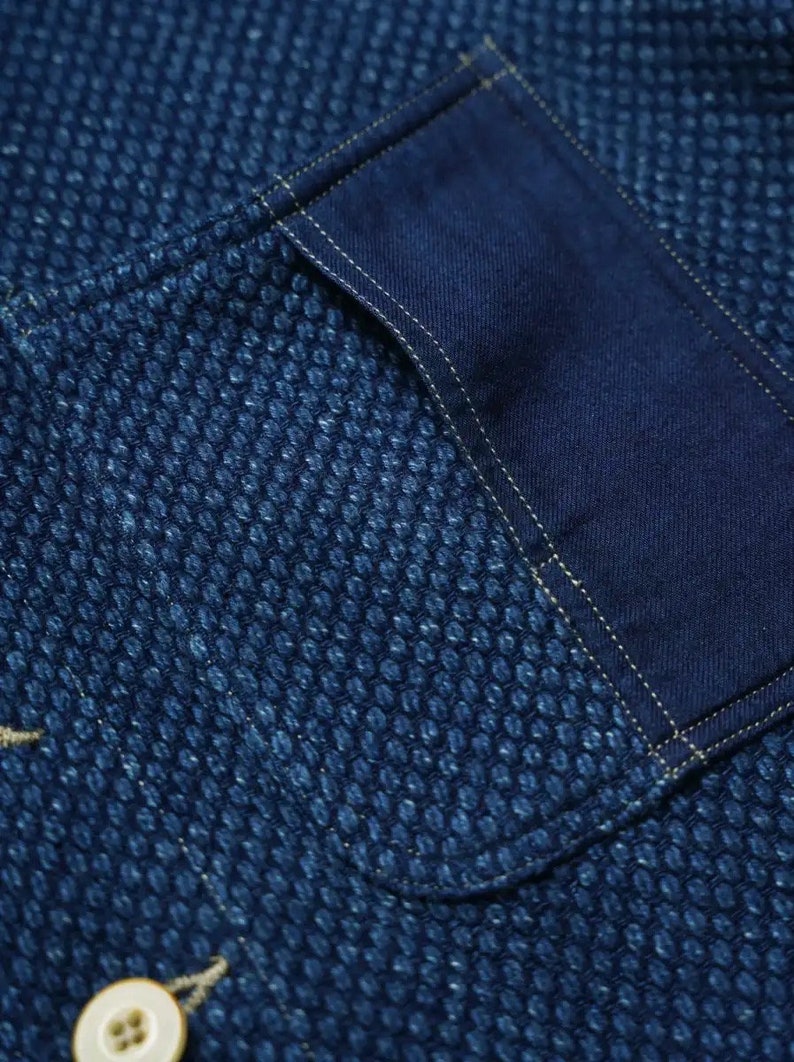 Japanese Indigo Blue Organic Plant Hand Dyed & Stitched Sashiko French Worker Coat 4 Pockets Kendo Jacket Unisex Limited Edition image 6