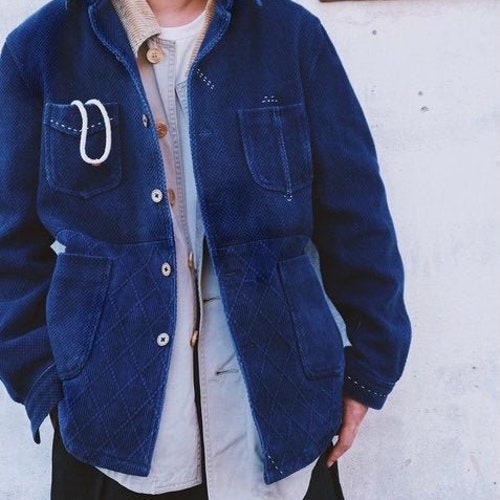 Japanese Indigo Union Blue Natural Plant Dyed Handmade Sashiko Kendo Fabrics Unisex Worker Multi Pockets Jacket | Tailor Made Available