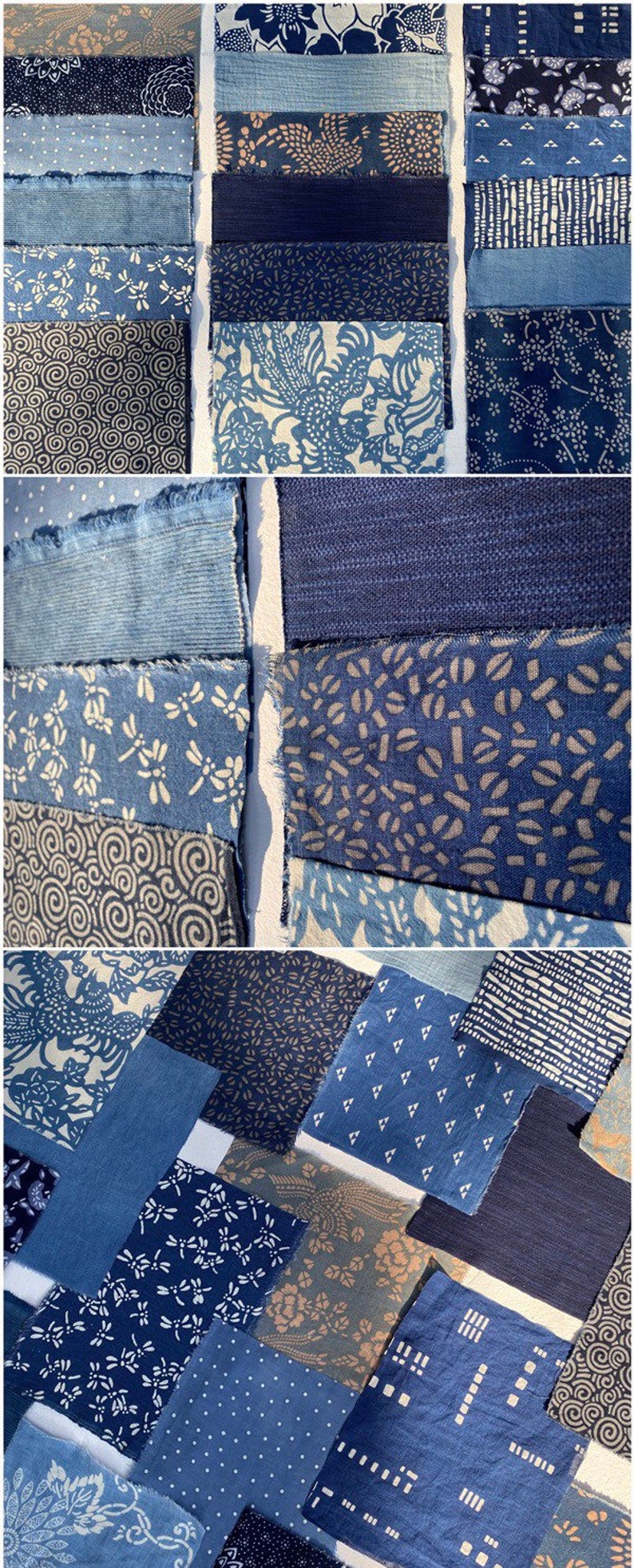 Japanese Scraps Remnants Patches Package Organic Indigo Dye Blue Set of 9-13 Cotton Linen Fabric Scraps DIY Zero Waste image 3