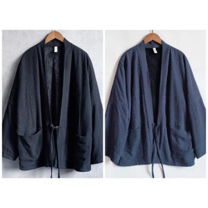 Japanese Cotton Linen Jacquard Unisex Traditional Minimal Kimono Noragi Hanten Jacket | 2 Colors - Blue & Black | Made to Order