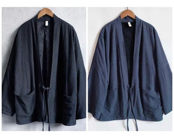 Japanese Cotton Linen Jacquard Unisex Traditional Minimal Kimono Noragi Hanten Jacket | 2 Colors - Blue & Black | Made to Order