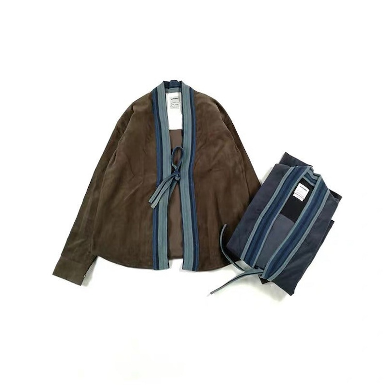 Indigo Union Handmade Corduroy Dyed Fabrics Unisex Japanese Traditional Kimono Noragi Shirt 2 colors