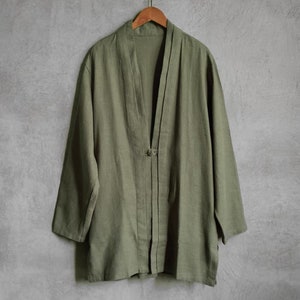 Japanese Style Green Cotton Linen Blended Unisex Traditional Kimono Noragi Hanten Jacket | Buckle Front