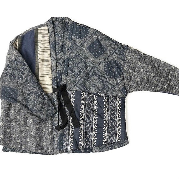 Japanese Blue Patchwork Bandana Pattern Cotton Women Haori Padded Kimono Noragi Hanten Jacket | One Size | Comfortable Fit | Unique Pattern