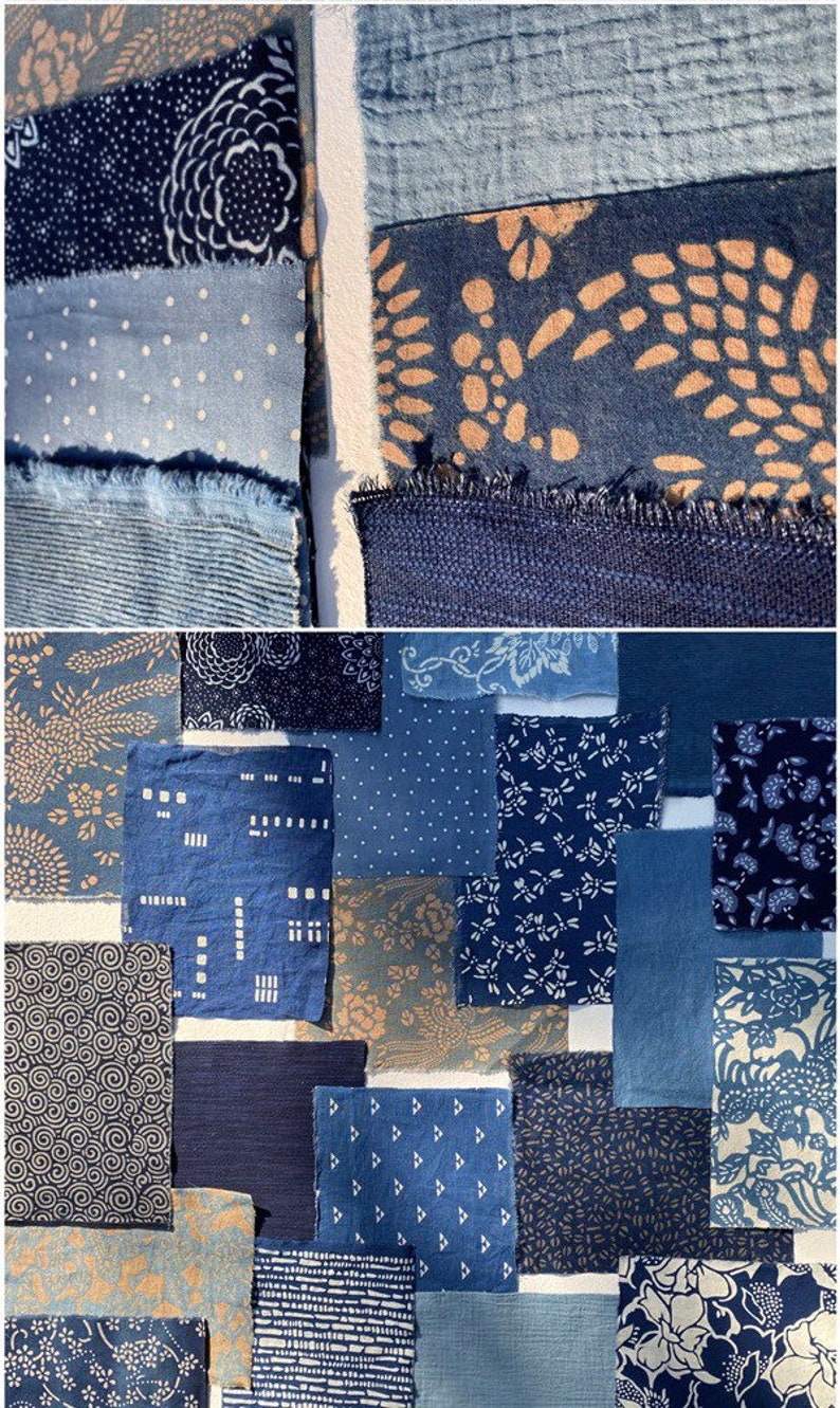 Japanese Scraps Remnants Patches Package Organic Indigo Dye Blue Set of 9-13 Cotton Linen Fabric Scraps DIY Zero Waste image 4