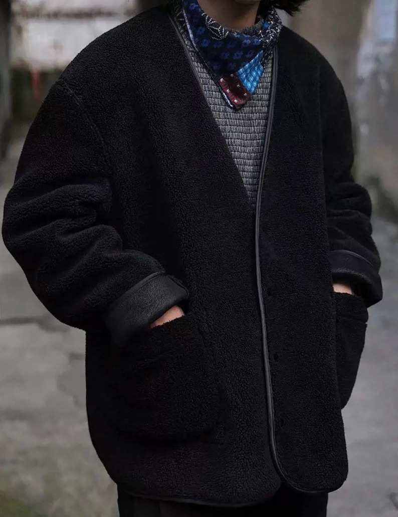 Japanese Indigo Union Black Wool Polyester Blended Handmade Unisex Reversible French Coat Fleece Jacket image 1