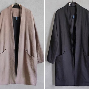 Japanese Linen Cotton Blended Extra Warm Unisex Long Kimono Noragi Hanten Haori Jacket | Indigo Union | 2 Colors - Camel Grey, Black