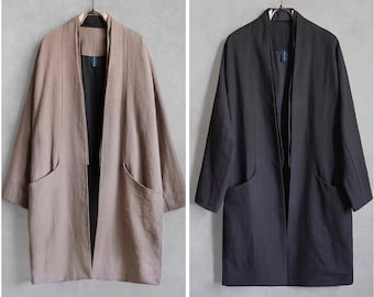 Japanese Linen Cotton Blended Extra Warm Unisex Long Kimono Noragi Hanten Haori Jacket | Indigo Union | 2 Colors - Camel Grey, Black