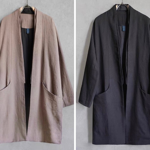 Japanese Linen Cotton Blended Extra Warm Unisex Long Kimono Noragi Hanten Haori Jacket | Indigo Union | 2 Colors - Camel Grey, Black