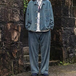 Japanese Organic Discharge Dye Cotton Hand-Stitched Sashiko Triangle Worker Jacket Blue Men's Coat Regular Fit image 8