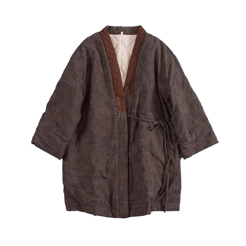 Indigo Union Japanese Handmade Brown Cotton Flax Women Traditional Haori Padded Kimono Noragi Jacket | One Size 