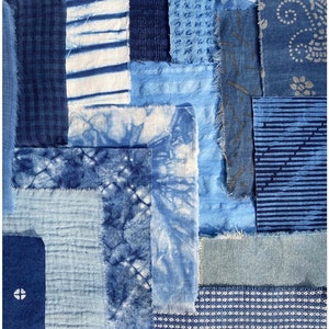 Japanese Scraps Remnants Patches Package Organic Indigo Dye Shibori Blue Set of 9-25 Cotton Linen Fabric Scraps DIY Zero Waste image 2