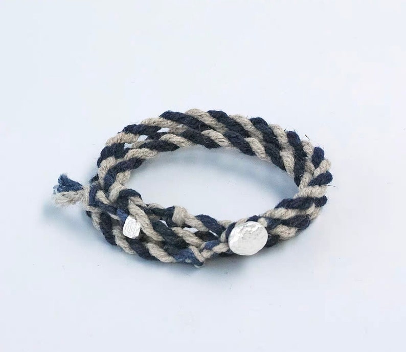 Japanese Handmade Organic Plant Dye Silver Buckle Three Loops Woven Bracelet Ramie Indigo Dye Tie Dye 50cm Unisex Thin Edition White & Blue