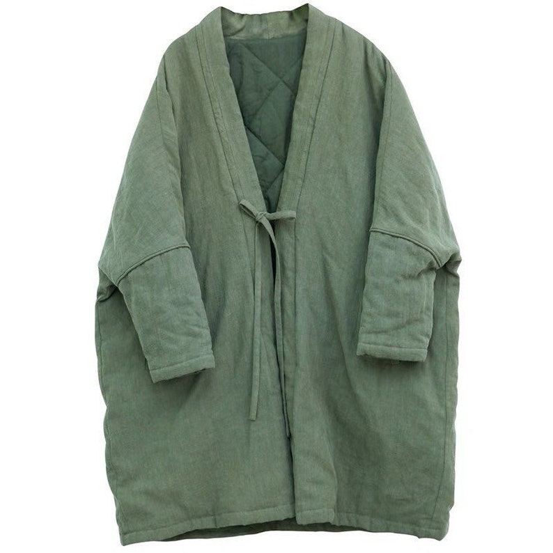 Japanese Military Green Cotton Flax Women Traditional Haori Long Oversized Padded Kimono Noragi Jacket Indigo Union Hand Stitching image 1