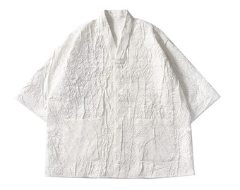 Japanische weiße Keramik Button Up Noragi Shirt Jacke | Unisex | Halbe Ärmel-Länge | Retro Haori Hanten Kimono | Leichtgewicht