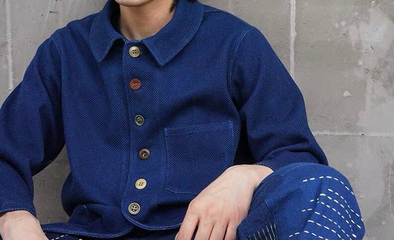 Japanese Indigo Union Blue Organic Plant Dyed Handmade Unisex Sashiko Patchwork French Coat 34 Sleeve Jacket
