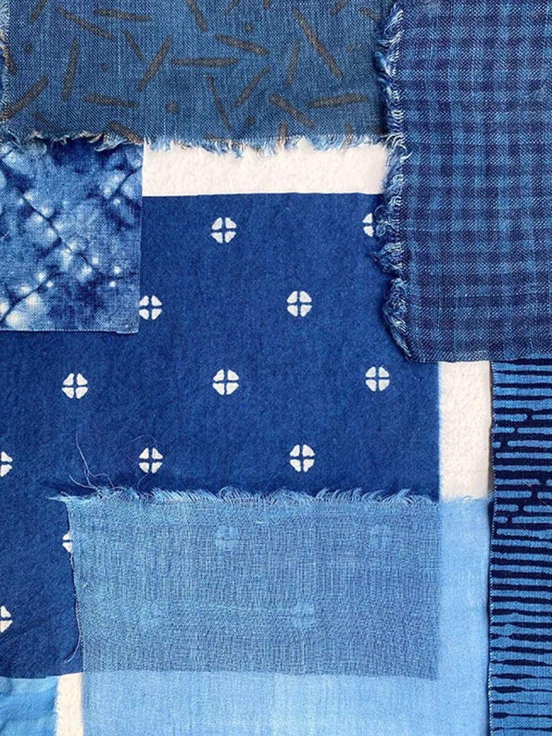 Japanese Scraps Remnants Patches Package Organic Indigo Dye Shibori Blue Set of 9-25 Cotton Linen Fabric Scraps DIY Zero Waste image 4