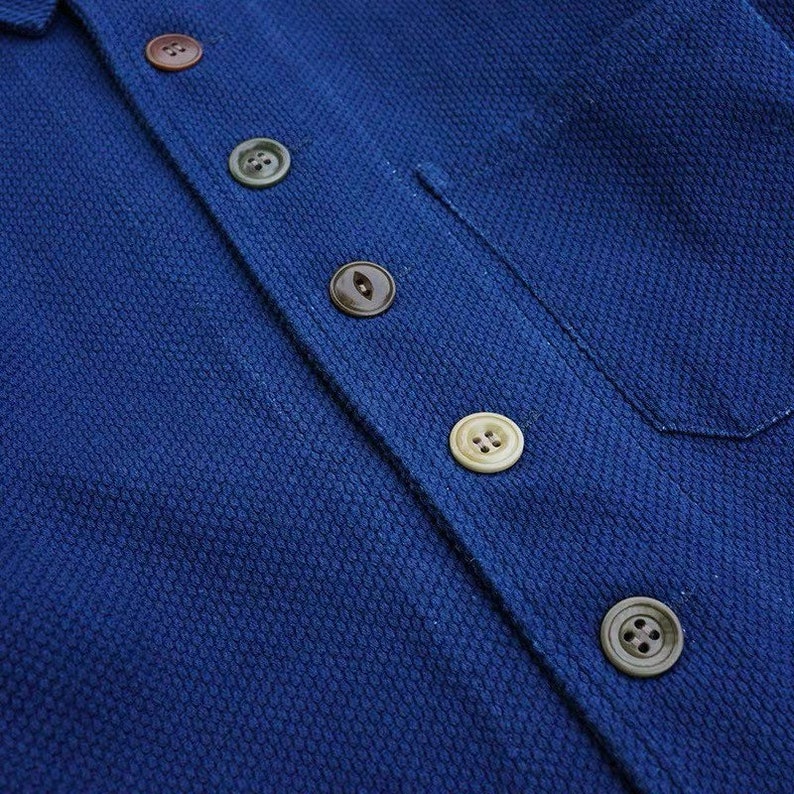 Japanese Indigo Union Blue Organic Plant Dyed Handmade Unisex Sashiko Patchwork French Coat 34 Sleeve Jacket