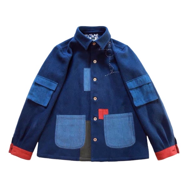 Japanese Blue & Red Natural Indigo Dye Kendo Patchwork Hand-Stitched Sashiko Jacket | Unisex | Multi Pockets | Tailor Made Available