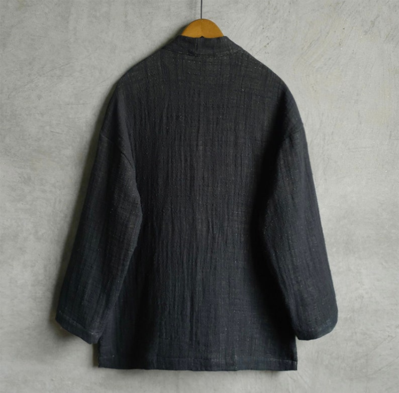 Indigo Union Handmade Black Cotton Linen Unisex Japanese Traditional Minimal Kimono Noragi Hanten Jacket