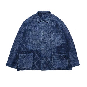 Japanese Indigo Blue Dyed Mid  Hand-Stitched Sashiko Heavyweight Jacket | Organic Plant Hand-Dyed | Unisex | Sakura Pattern