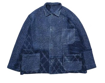 Japanese Indigo Blue Dyed Mid  Hand-Stitched Sashiko Heavyweight Jacket | Organic Plant Hand-Dyed | Unisex | Sakura Pattern