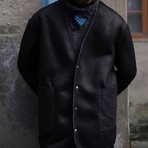 Japanese Indigo Union Black Wool Polyester Blended Handmade Unisex Reversible French Coat Fleece Jacket image 5