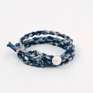 Japanese Handmade Organic Plant Dye Silver Buckle Three Loops Woven Bracelet Ramie Indigo Dye Tie Dye 50cm Unisex Thin Edition Indigo Blue Tie Dye