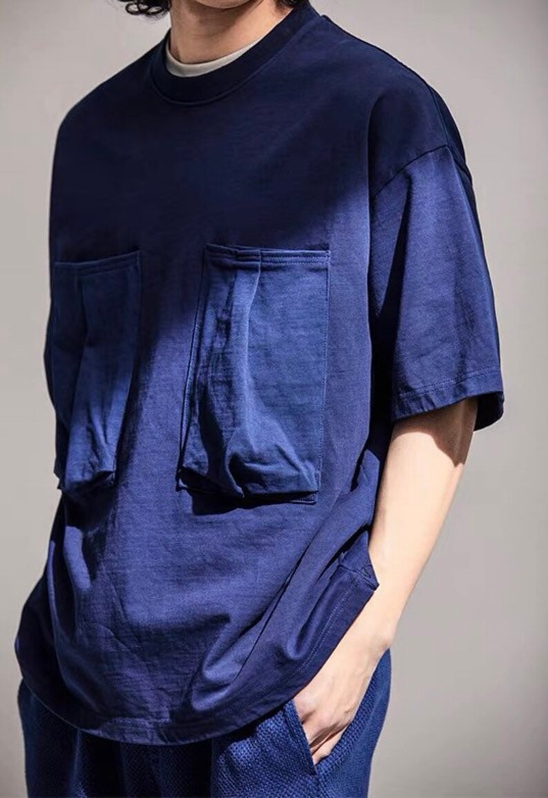 Japanese Indigo Dye Big Double Pockets T-Shirt Organic Plant Hand Dye in Cotton Mid Blue Spring & Summer Collection Gift Idea image 1