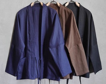 Indigo Union Linen Unisex Japanese Traditional Minimal Kimono Noragi Hanten Jacket, 3 Colors - Black, Blue, Brown | Hand Stitching