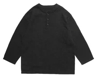 Japanese Black & Grey Sashiko Long Sleeve Henley T-Shirt | Hand-stitched Oversized French Tee | Unisex | Kasuri