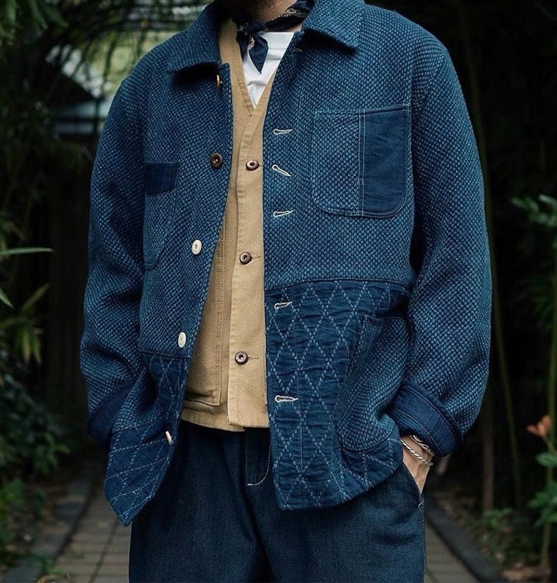 Japanese Indigo Blue Organic Plant Hand Dyed & Stitched Sashiko French Worker Coat 4 Pockets Kendo Jacket Unisex Limited Edition image 1