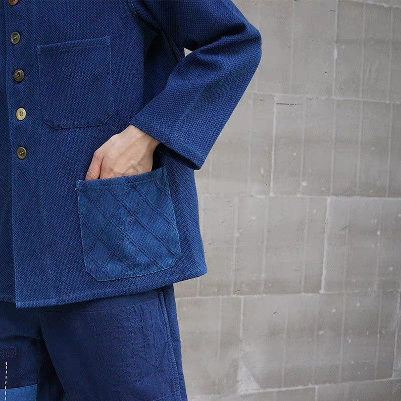 Japanese Indigo Union Blue Organic Plant Dyed Handmade Unisex Sashiko Patchwork French Coat 34 Sleeve Jacket